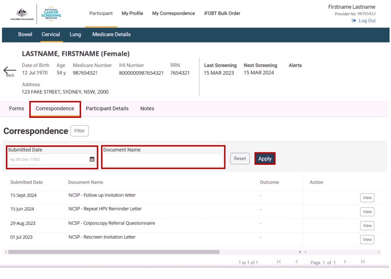 Correspondence in the healthcare provider portal