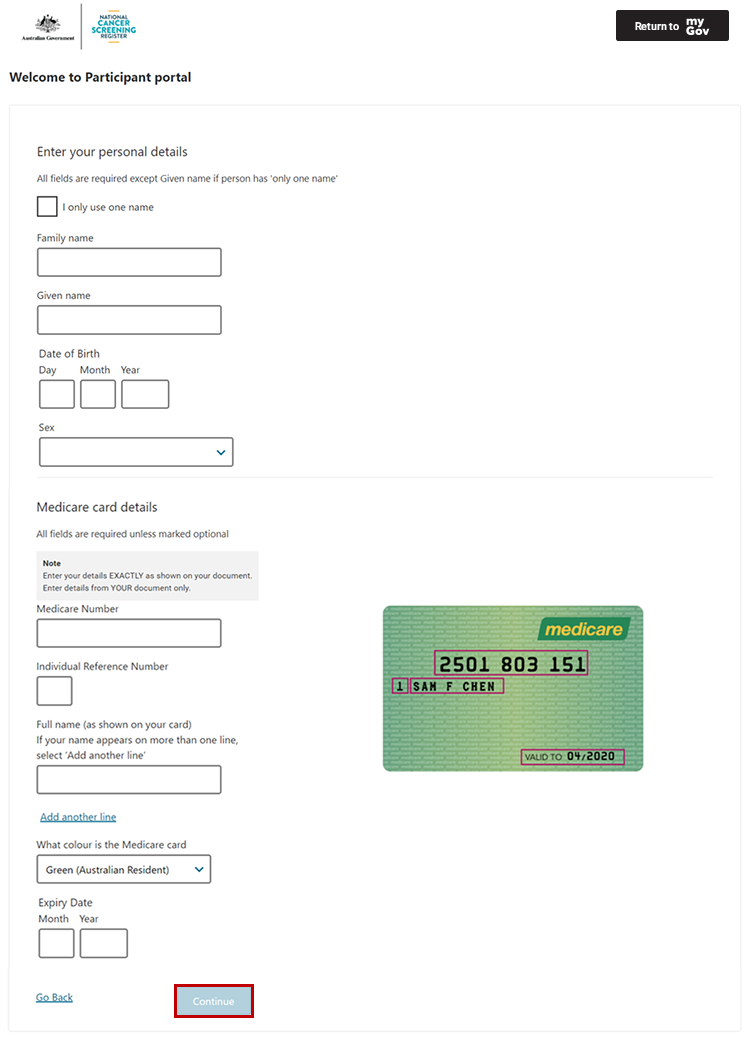 Screenshot of Participant Portal