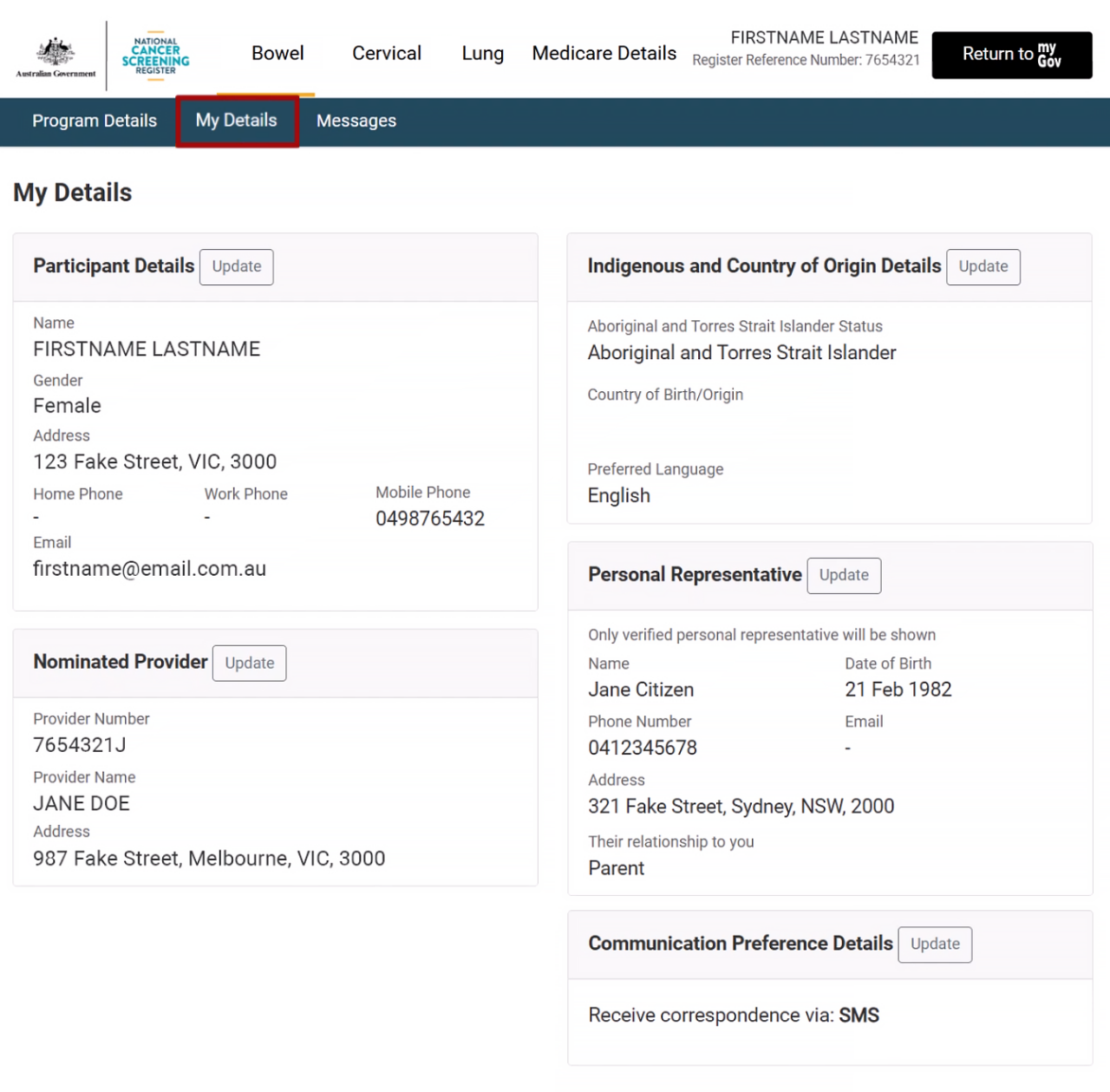 Screenshot of Participant Portal