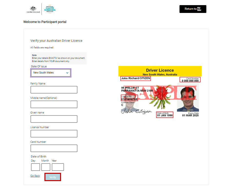 Participant Portal - Australian Driver Licence screenshot